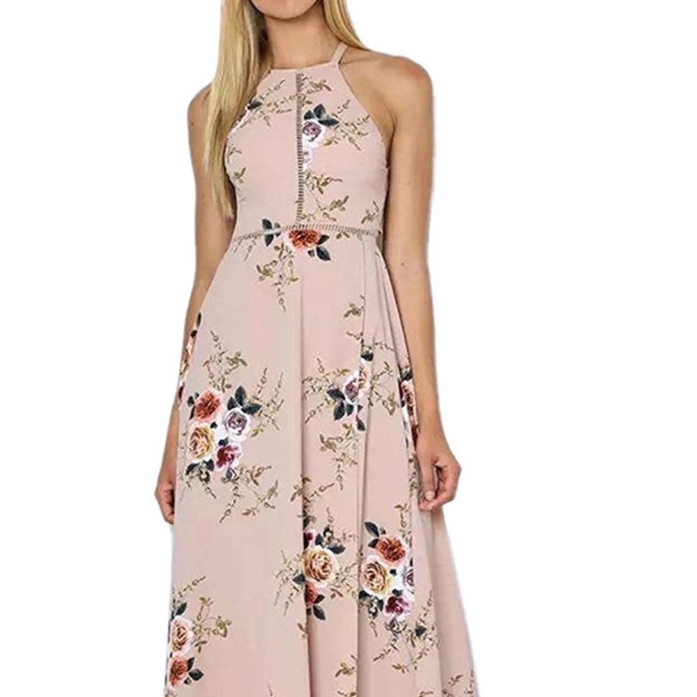 Halter Neck Floral Backless Maxi Dress